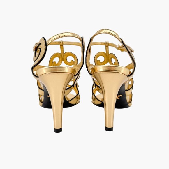 Prada Baroque Gold Caged Sandals Size 37.5 US 7.5 Cutout Metallic Leather Heels - Picture 8 of 15